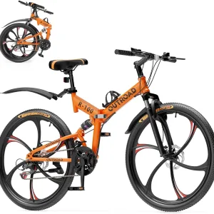 26 Inch Folding Mountain Bike, 21 Speed Full Suspension High-Carbon Steel MTB Foldable Bicycle, Dual Disc Brake Non-Slip