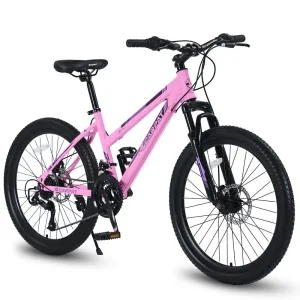 24 Inch Mountain Bike with Shimano 21 Speeds Bicycle Dual Disc Brakes Front Suspension for Teenagers Girls Steel Frame Cycling