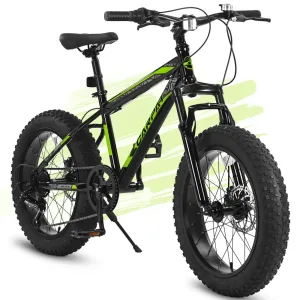 20 Inch Kids Mountain Bike for Boys Girls High Carbon Steel Frame 7 Speed Road Bicycle Front Suspension Disc Brakes Fat Tires